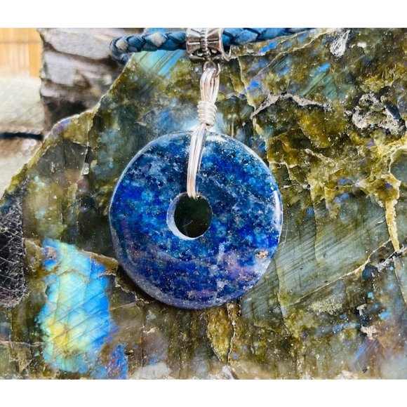 Lapis Lazuli Unisex Donut Necklace Sterling Silver Wire Wrap Blue Leather Cord - Picture 1 of 4